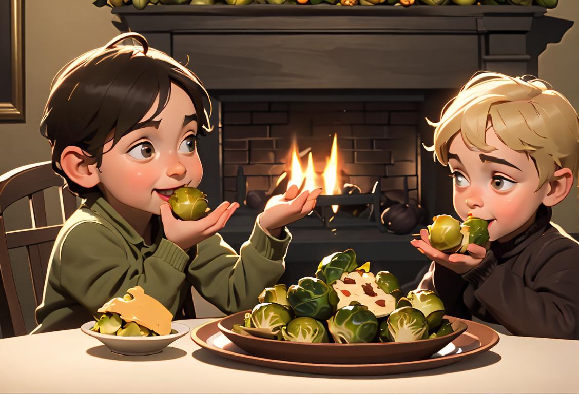 Smiling child eagerly eating a small, roasted Brussels sprout with their family around a dinner table, cozy home setting with autumn decor..