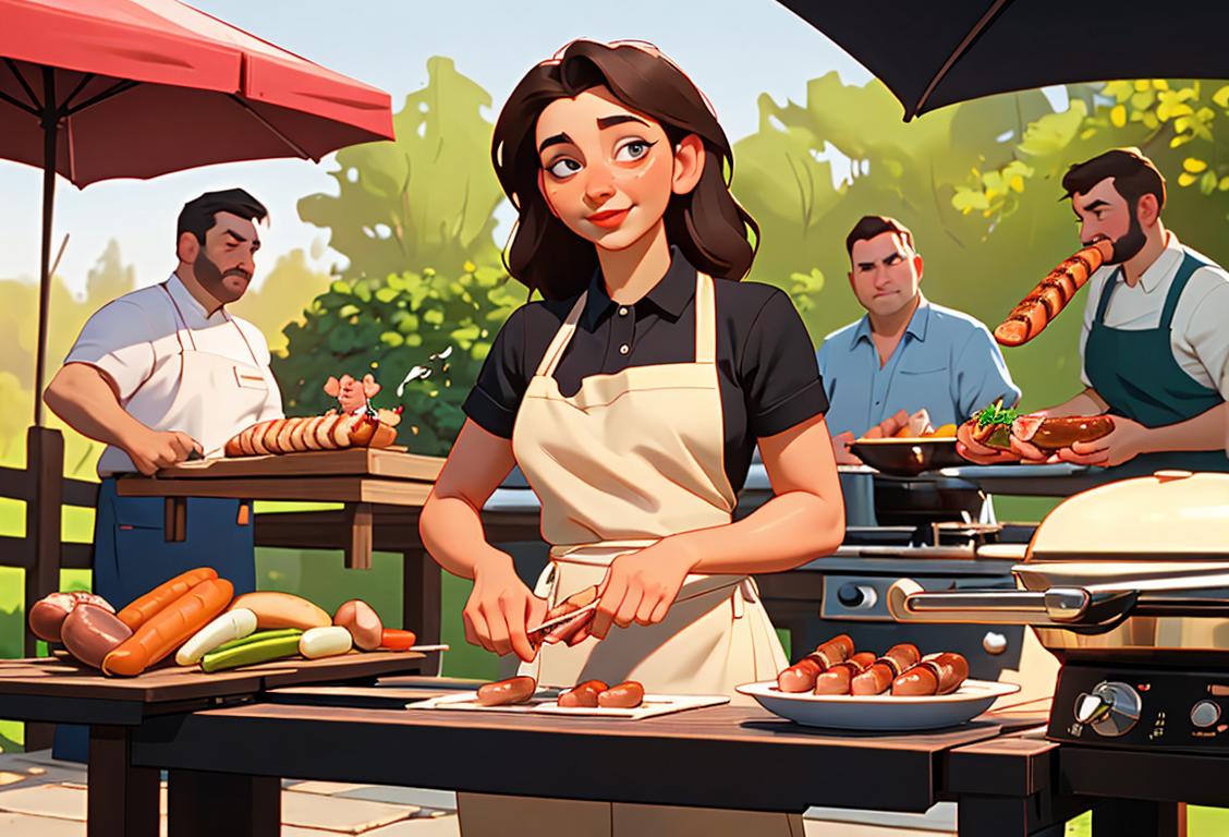 Young woman grilling sausages at a backyard barbecue, wearing a chef's apron, surrounded by friends and family enjoying the savory aroma..