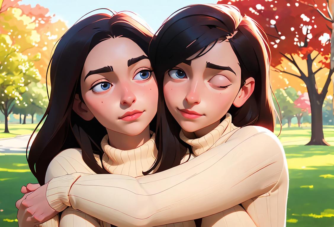 An adorable couple hugging, wearing cozy sweaters, in a serene park setting, filling the air with love and warmth..