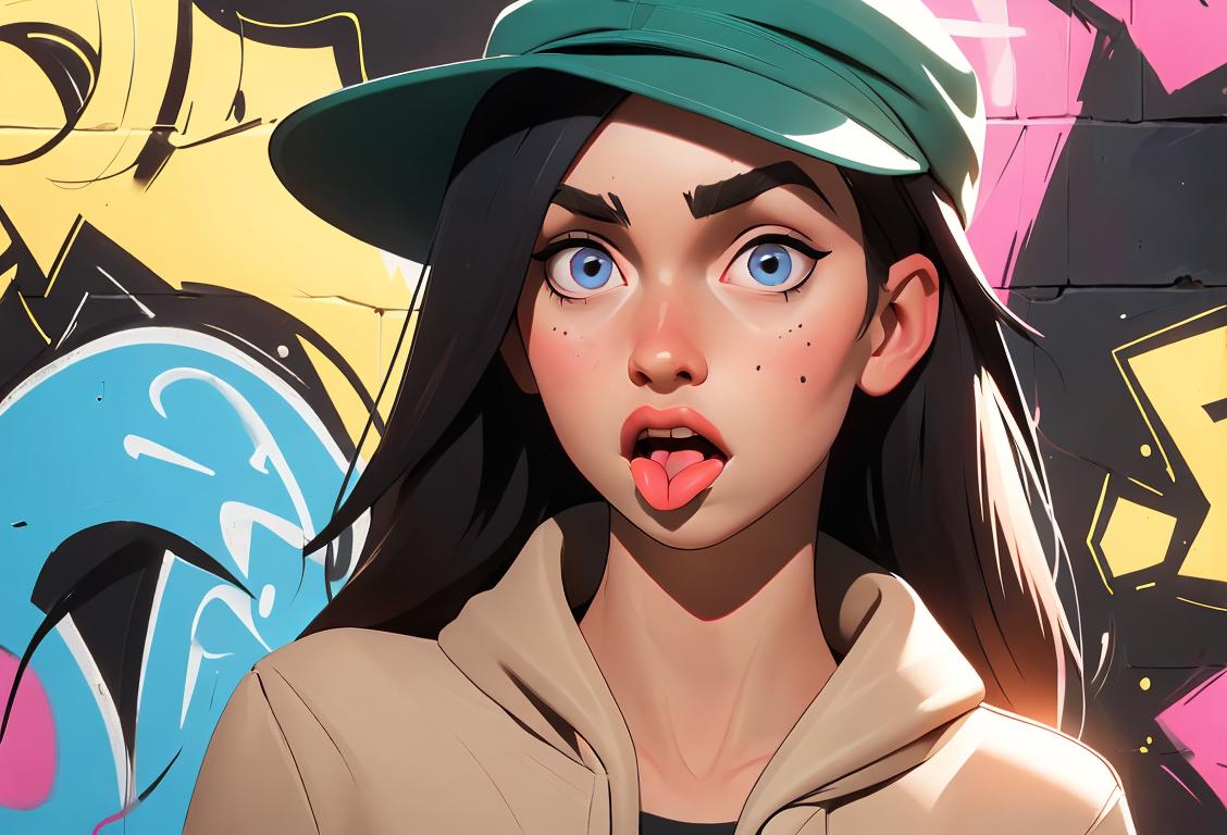 Young woman playfully sticking out her tongue, wearing a trendy hat, urban street scene with graffiti art..