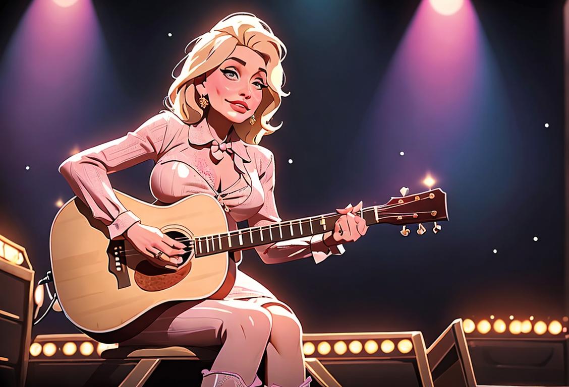 Dolly Parton-inspired performer in a sparkly outfit, with a guitar, surrounded by a lively country music concert crowd, cowboy boots aplenty..