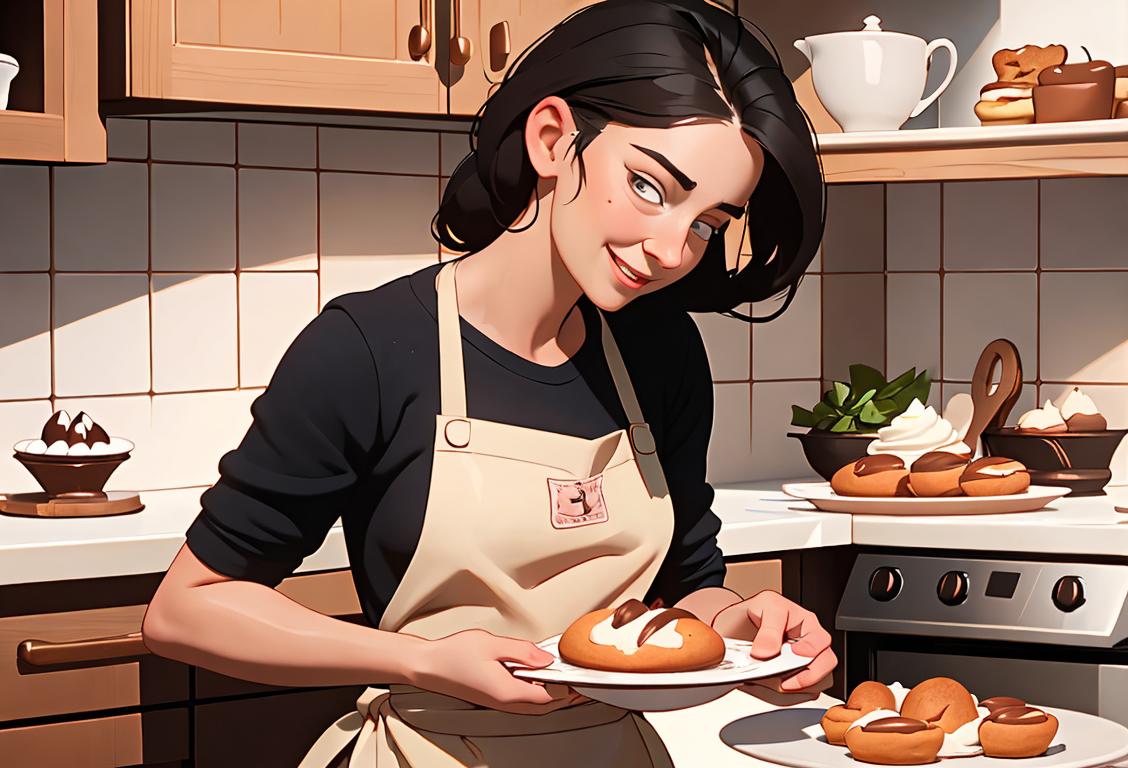 Happy baker in an apron, surrounded by freshly baked treats, with a kitchen filled with warmth and a delightful aroma..