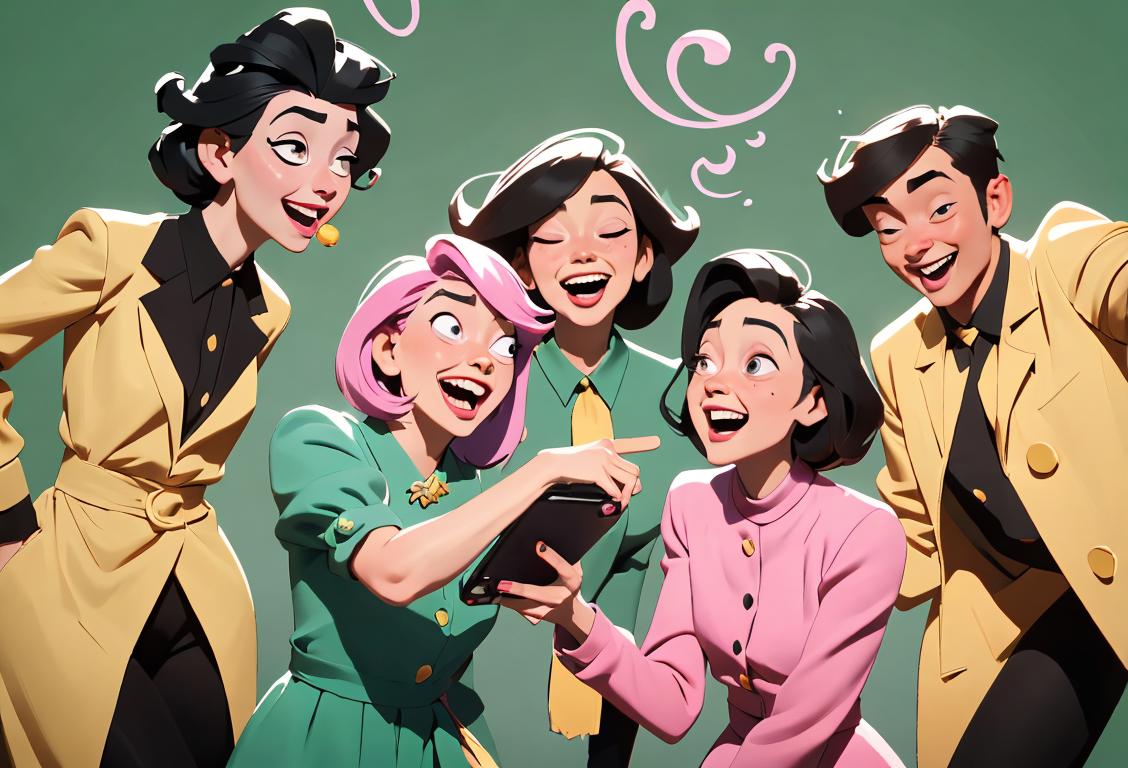 Group of friends laughing at a phone, diverse fashion & backgrounds, quirky poses, expressing the joy of watching hilarious Vine videos!.