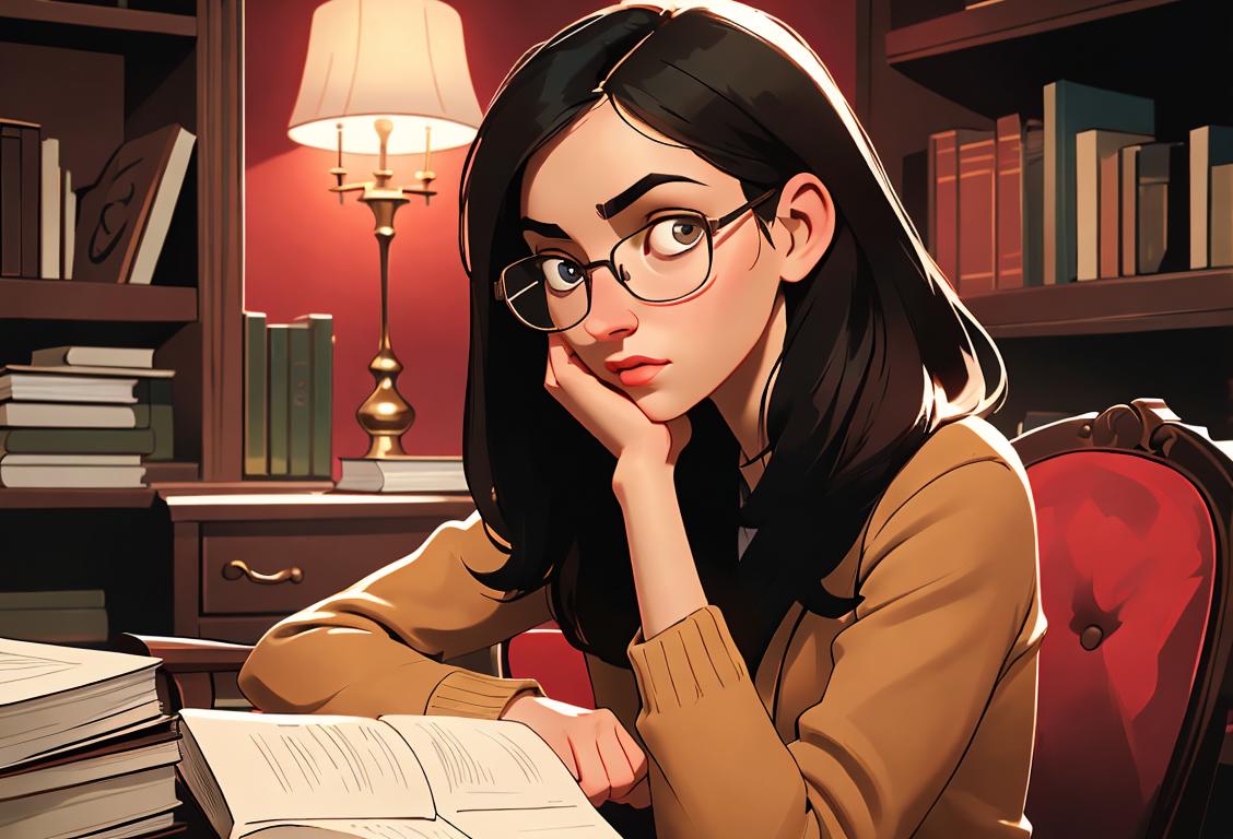 Young woman reading a book in a cozy corner, wearing glasses, vintage fashion, surrounded by bookshelves and a warm, inviting atmosphere..