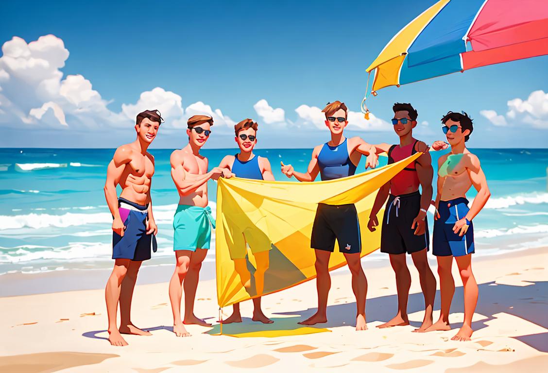 A group of friends enjoying a day at the beach, wearing colorful swimwear, beach ball in hand, with a banner celebrating National Small Dick Day..