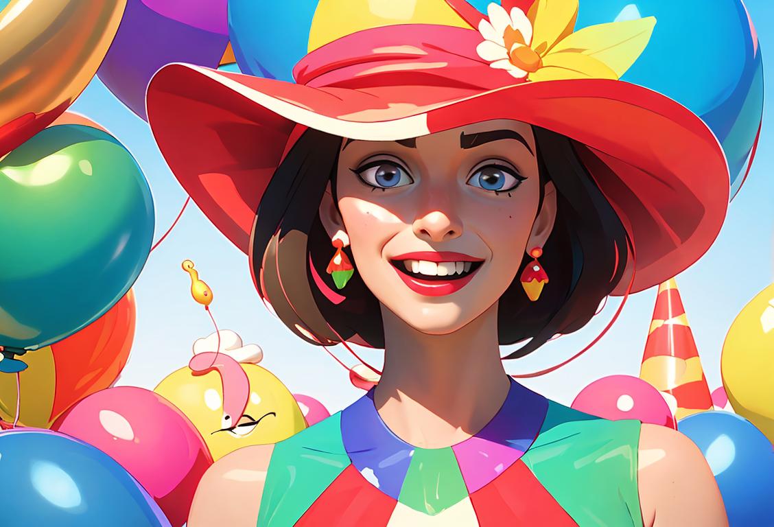 Cheerful woman with a colorful balloon hat, wearing a party dress, surrounded by festive decorations and happy people..