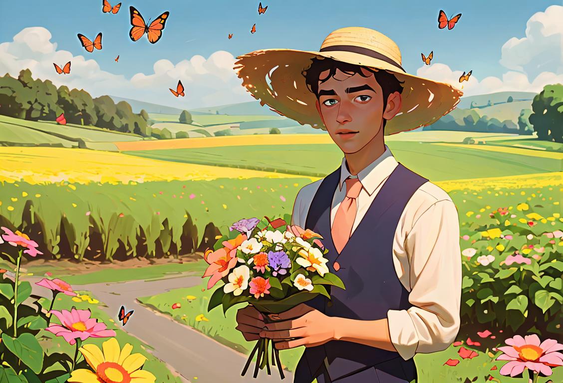 Young man holding a bouquet of flowers, wearing a straw hat, countryside setting, surrounded by butterflies and blooming flowers..