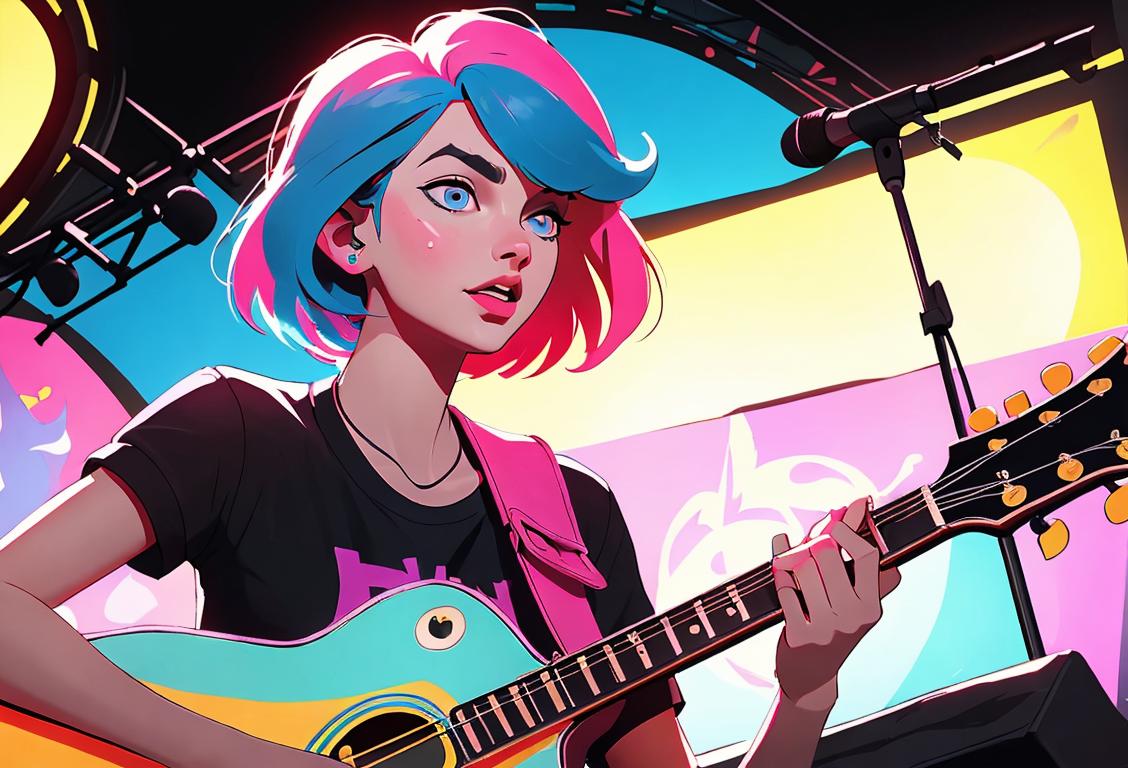 Young person named Taylor, playing a guitar and surrounded by colorful music notes, wearing trendy fashion, vibrant music festival setting..