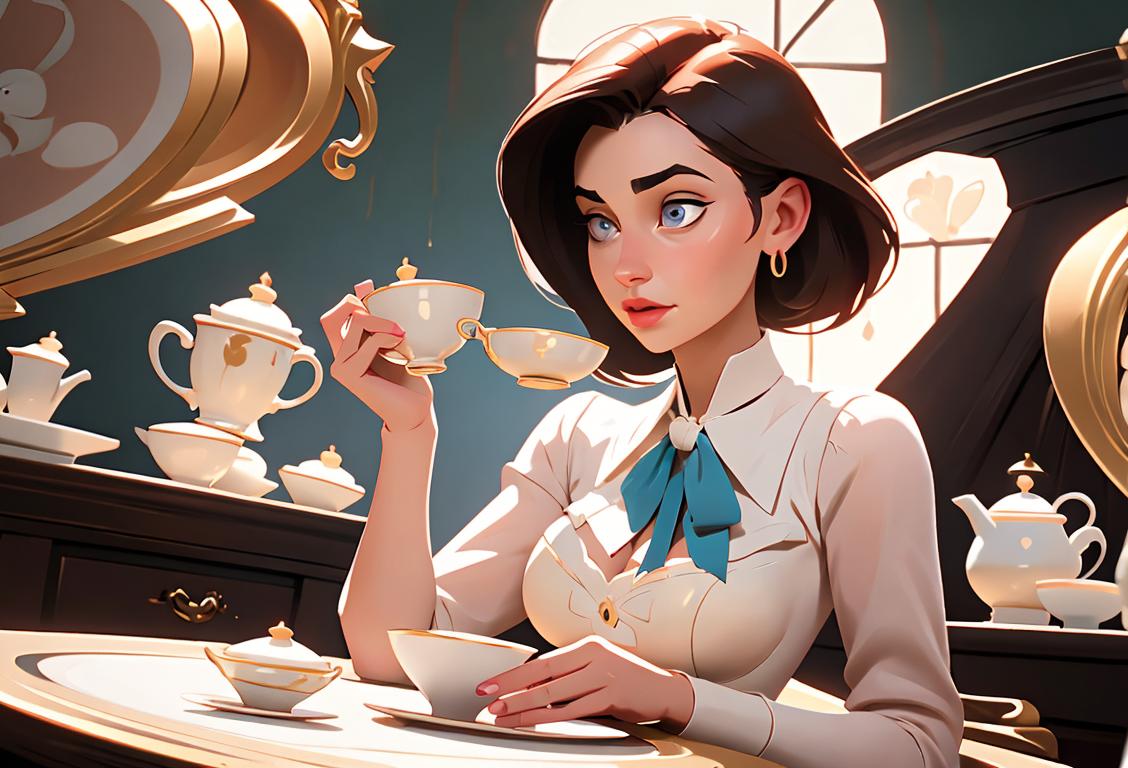 Young woman holding a charming A or B cup, wearing a stylish outfit, surrounded by enchanting cups and saucers..