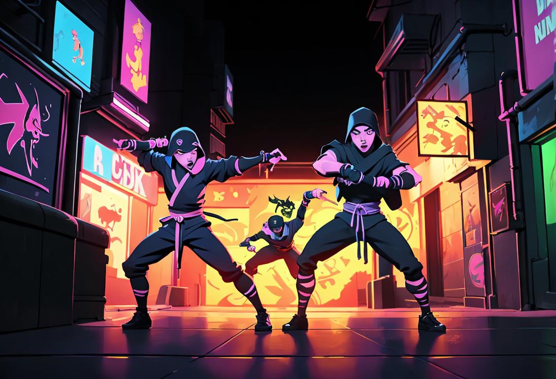 Young adults in colorful ninja costumes, striking dynamic poses. Background: Urban cityscape, night time, with neon lights and graffiti art..