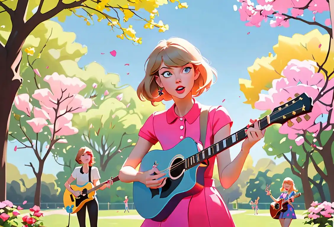 A group of friends gathered in a park, wearing colorful outfits reminiscent of Taylor Swift's iconic music videos, surrounded by blooming flowers and singing along to her catchy tunes. One friend is holding a guitar, paying homage to Taylor's musical journey, while others are striking poses inspired by her album covers. Capture the joy and camaraderie of this National Taylor Swift Day celebration!.