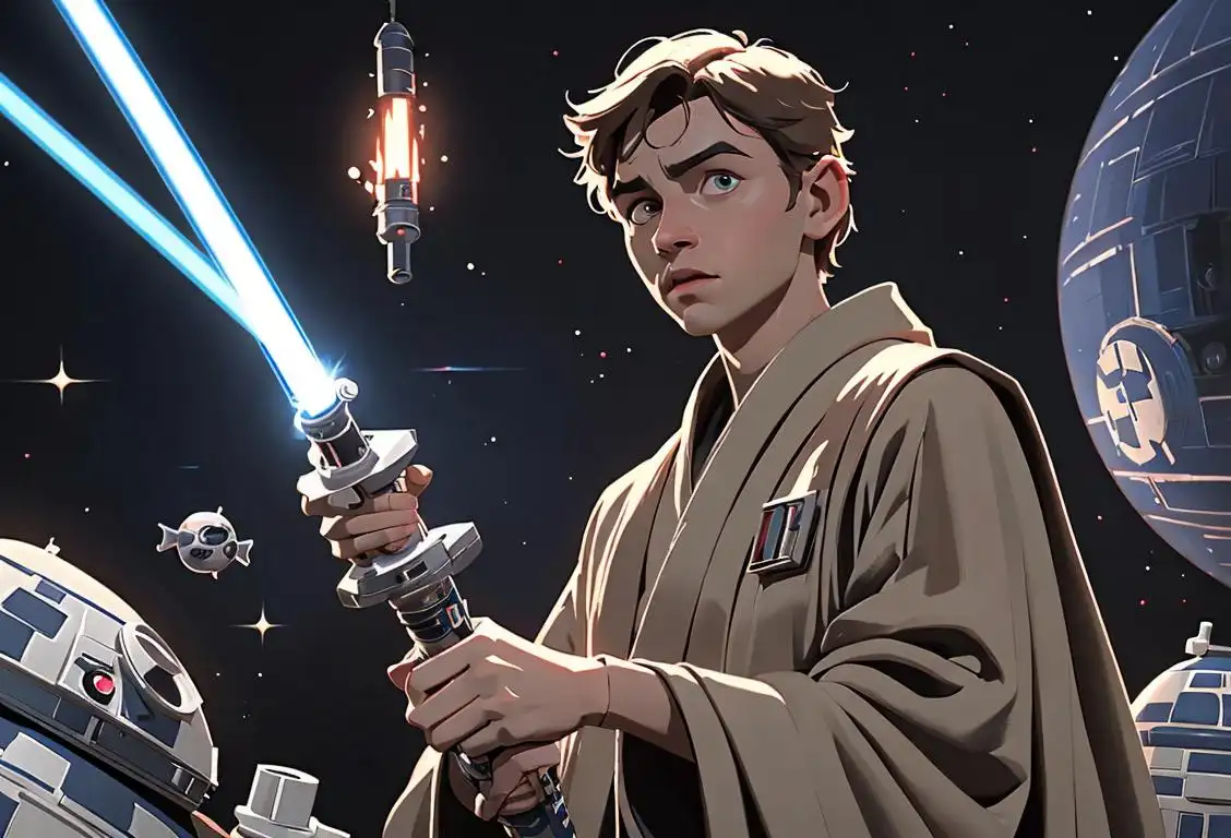 Young man wearing Jedi robes, holding a lightsaber, in a space-themed setting, surrounded by Star Wars memorabilia..