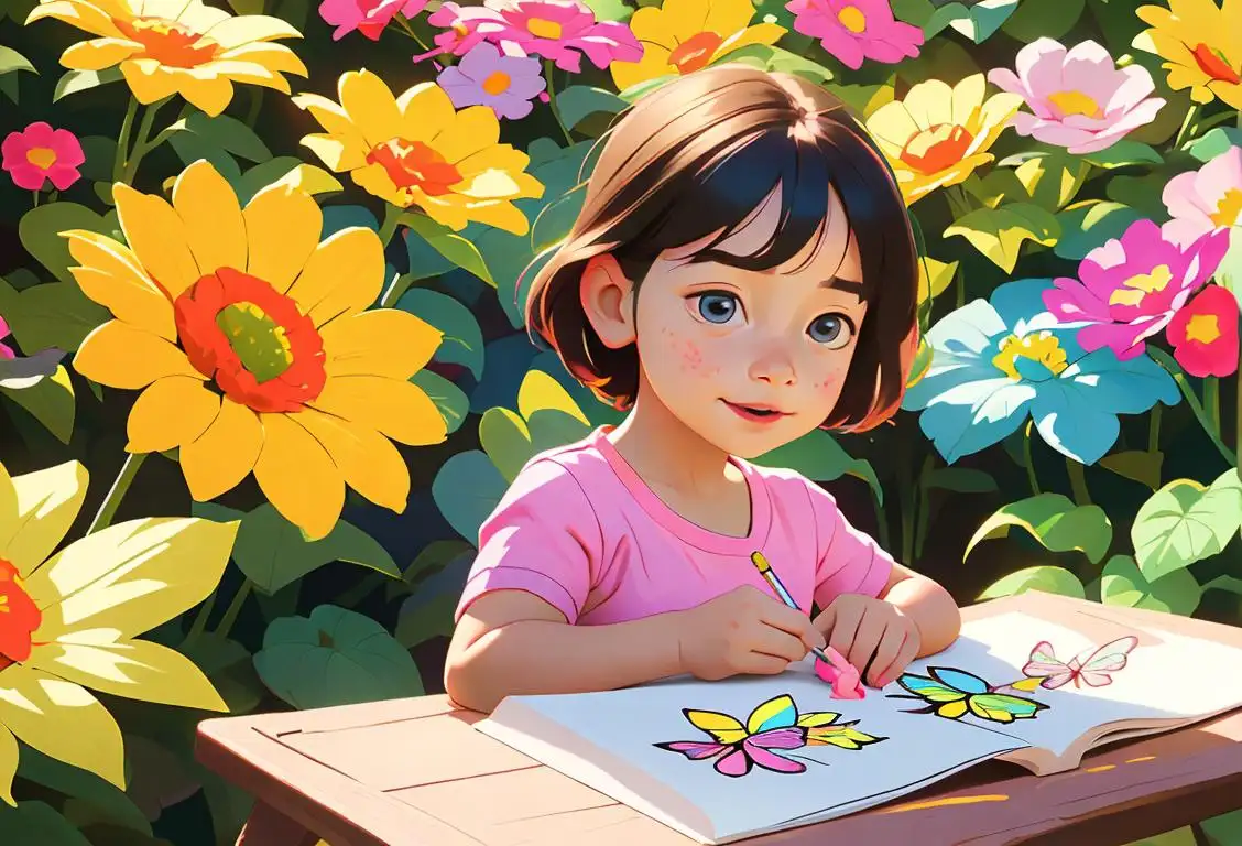 A young child joyfully coloring in a sunny park, wearing a colorful summer outfit, surrounded by flowers and butterflies..