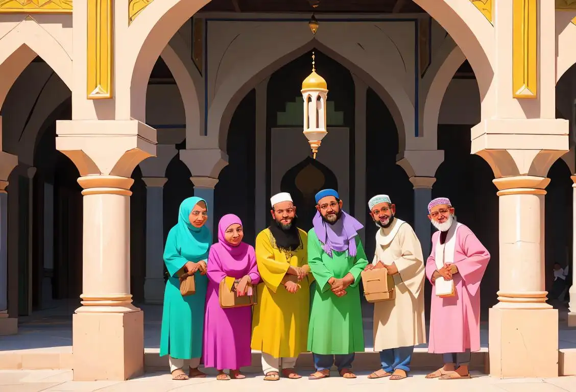 A diverse group of people, wearing colorful outfits, smiling and warmly welcoming visitors to a mosque with intricate architecture, in a vibrant and bustling city setting..