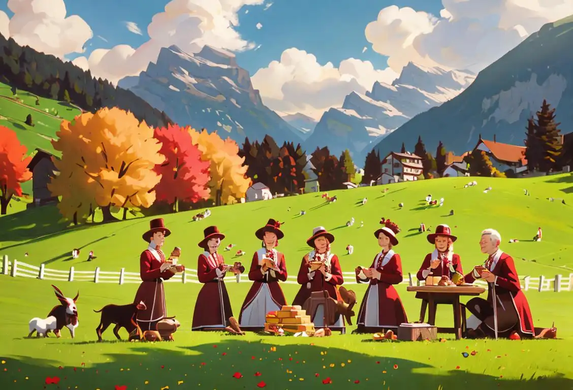 A joyful group of people enjoying Swiss chocolates and cheese, wearing traditional Swiss costumes, surrounded by beautiful Swiss landscapes..
