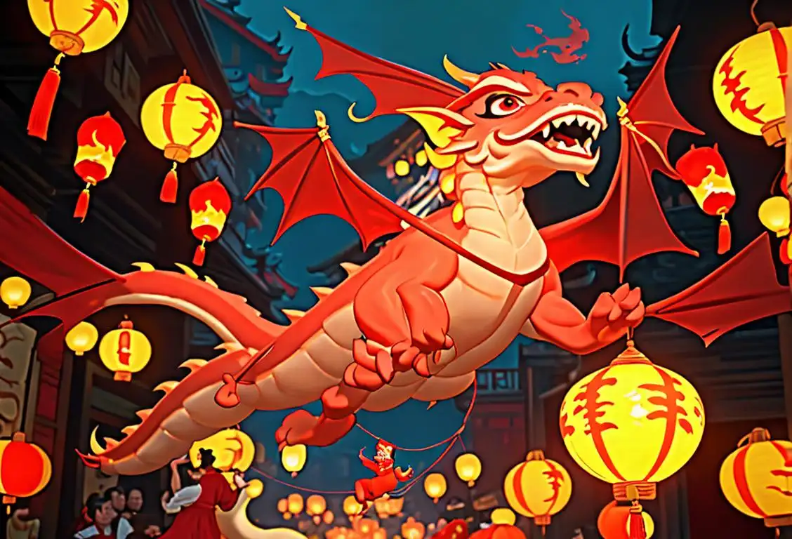 A joyful scene of traditional Chinese lanterns hanging in the air, accompanied by a vibrant dragon dance and a sea of red attire. Style elements could include elegant qipaos and cultural settings..