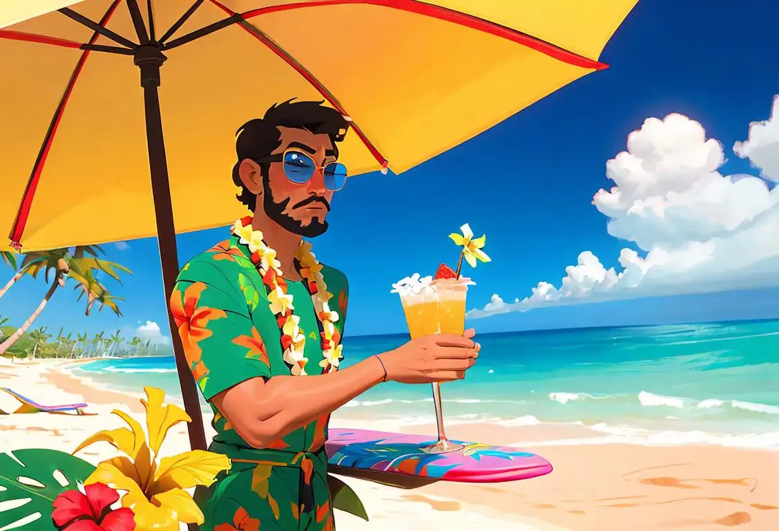 Shirtless man in festive sunglasses, wearing a lei, vibrant Hawaiian beach scene with surfboards and tropical drinks..