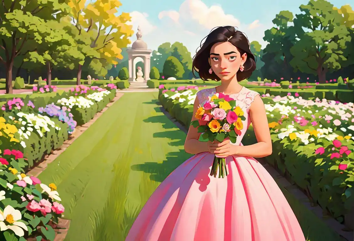 Young woman with a bouquet of flowers, wearing a bright colored dress, standing in a serene garden scene..