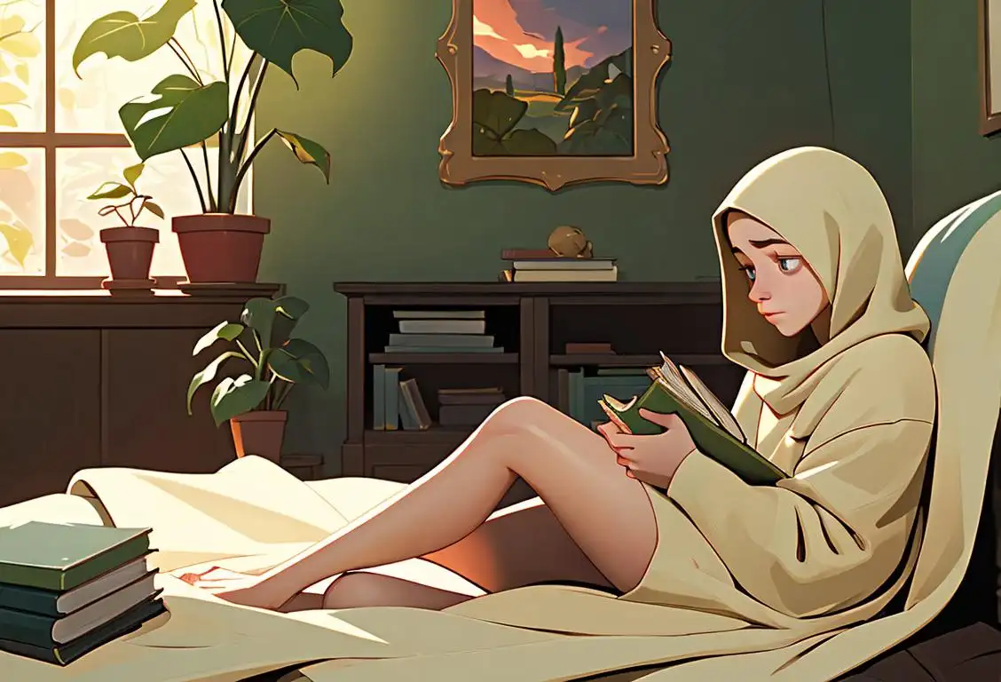Young person sitting alone, wrapped in cozy blanket, surrounded by books and plants, enjoying peaceful solitude in a cozy home..