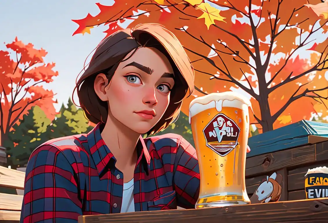 Young adult with a frothy American beer, wearing a flannel shirt, outdoor beer garden setting, fall foliage in background..