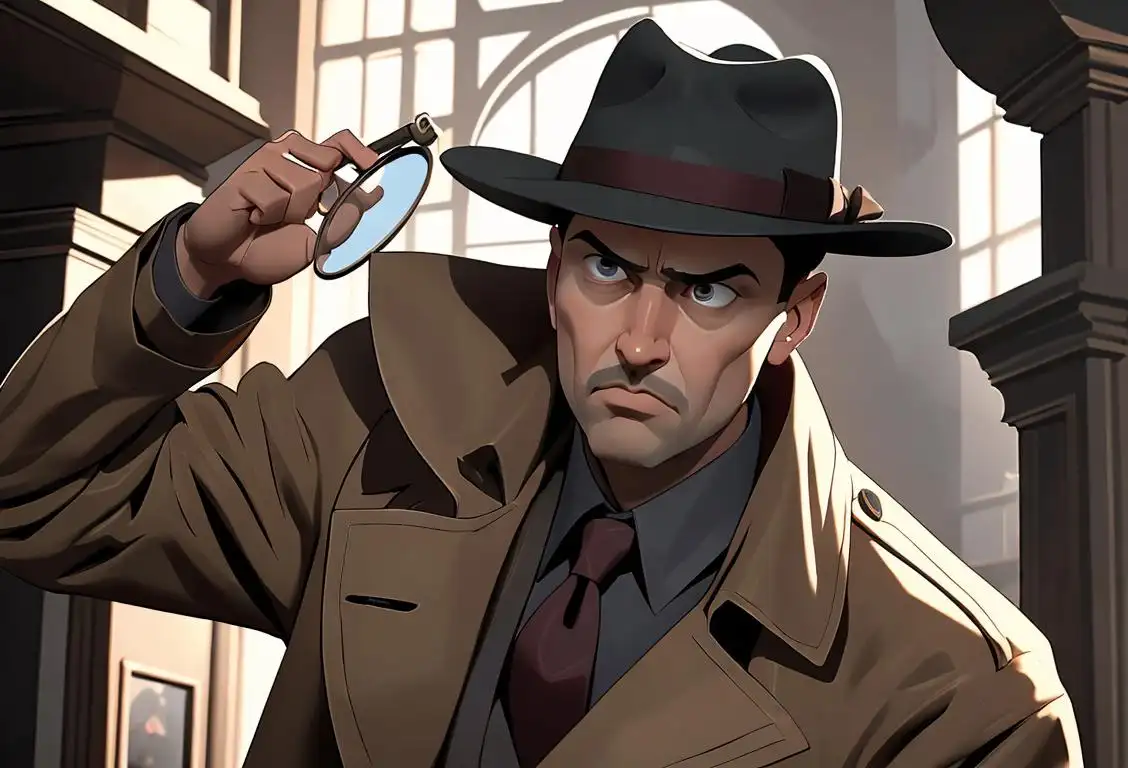 A serious-looking detective with a magnifying glass, wearing a trench coat and fedora, investigating the national security cost, government buildings in the background..
