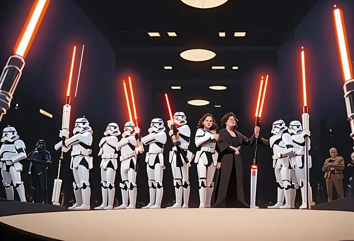 A group of friends dressed as iconic Star Wars characters, posing with lightsabers in a sci-fi convention setting..