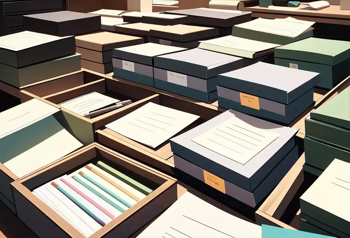An administrative professional sitting at a organized desk, wearing smart business attire, surrounded by stacks of files and office supplies..