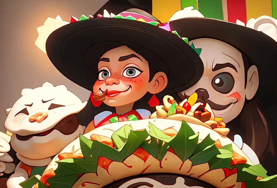 A person with a festive sombrero, enjoying a delicious Chipotle burrito, surrounded by vibrant Mexican decorations and mariachi music playing in the background..