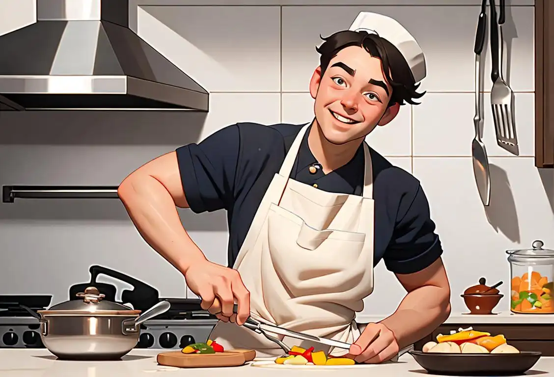 A smiling chef, wearing a white apron and chef's hat, cooking up a storm in a bustling, gourmet kitchen..