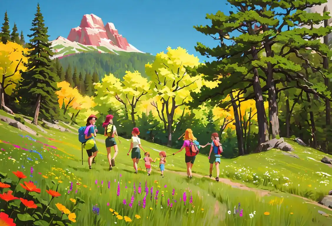 Family wearing colorful hiking gear, exploring a scenic national park trail, surrounded by vibrant wildflowers and towering trees..