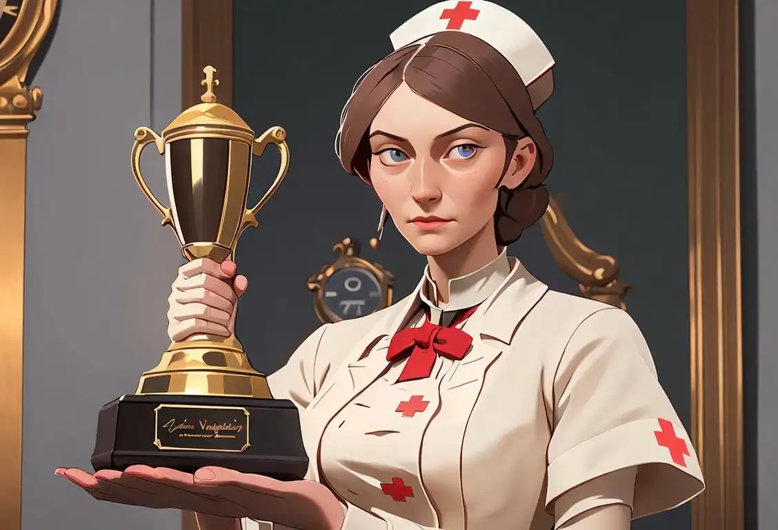 Young woman wearing a nurse's cap, holding a trophy, surrounded by medical equipment and a historical backdrop.