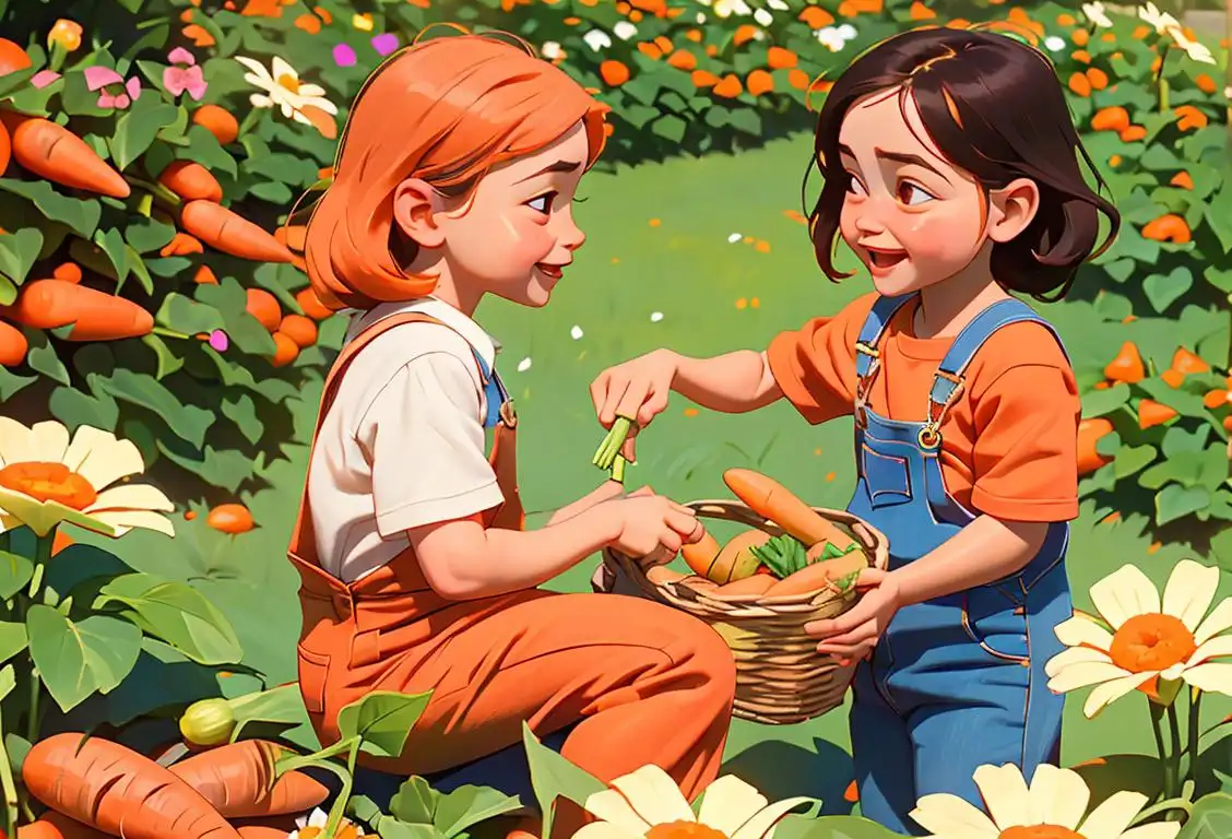 Happy children picking carrots in a sunny garden, wearing colorful overalls, surrounded by blooming flowers and buzzing bees..