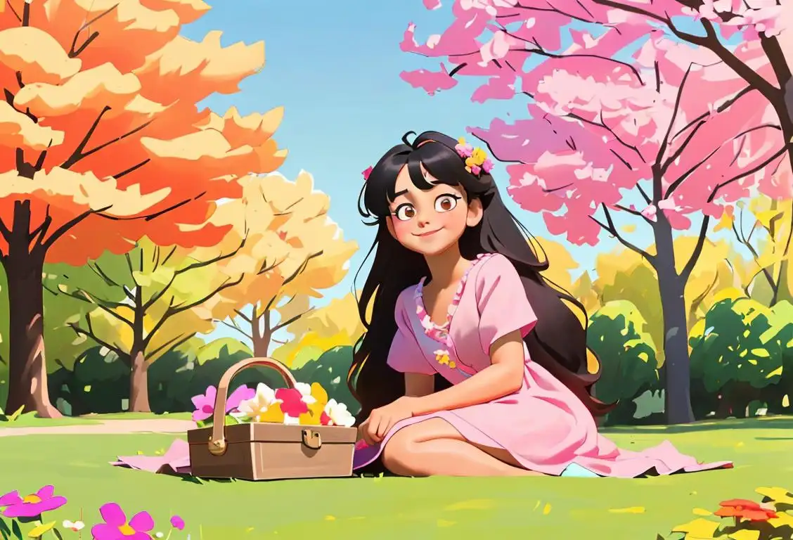 Fluffy and adorable Yeontan sitting on a picnic blanket, surrounded by colorful flowers and a sunny park setting, with a young girl wearing a cute summer dress and a wide smile..