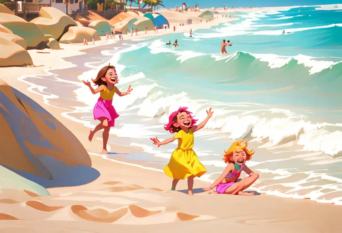 Cheerful group of friends laughing and having fun, wearing colorful clothes, beach scene with sand and waves..
