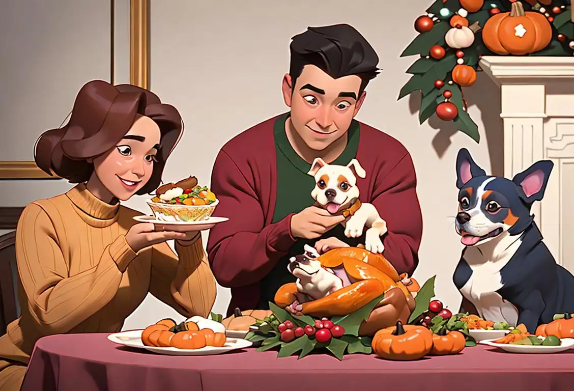 Happy family gathered around a Thanksgiving table with a cute dog wearing a festive sweater, to celebrate National Dog Show Thanksgiving Day..