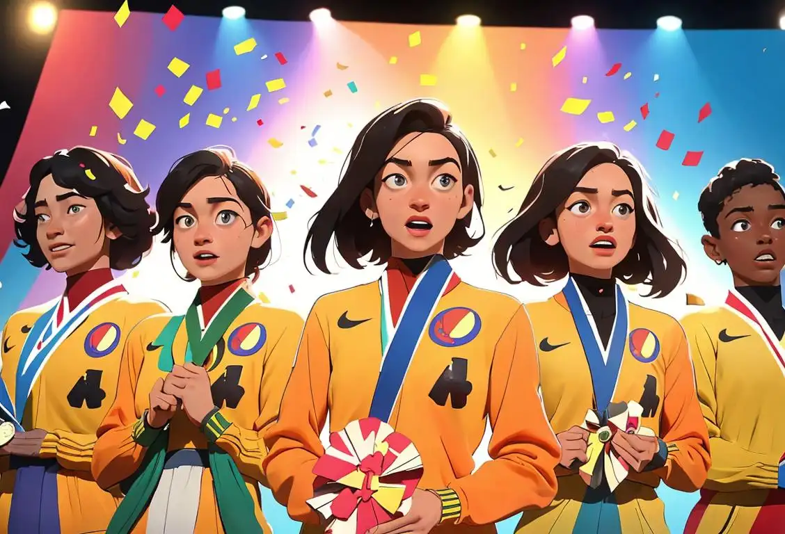 A diverse group of people, dressed in different sports attire with medals around their necks, standing on a podium, against a backdrop of cheering crowd and confetti..