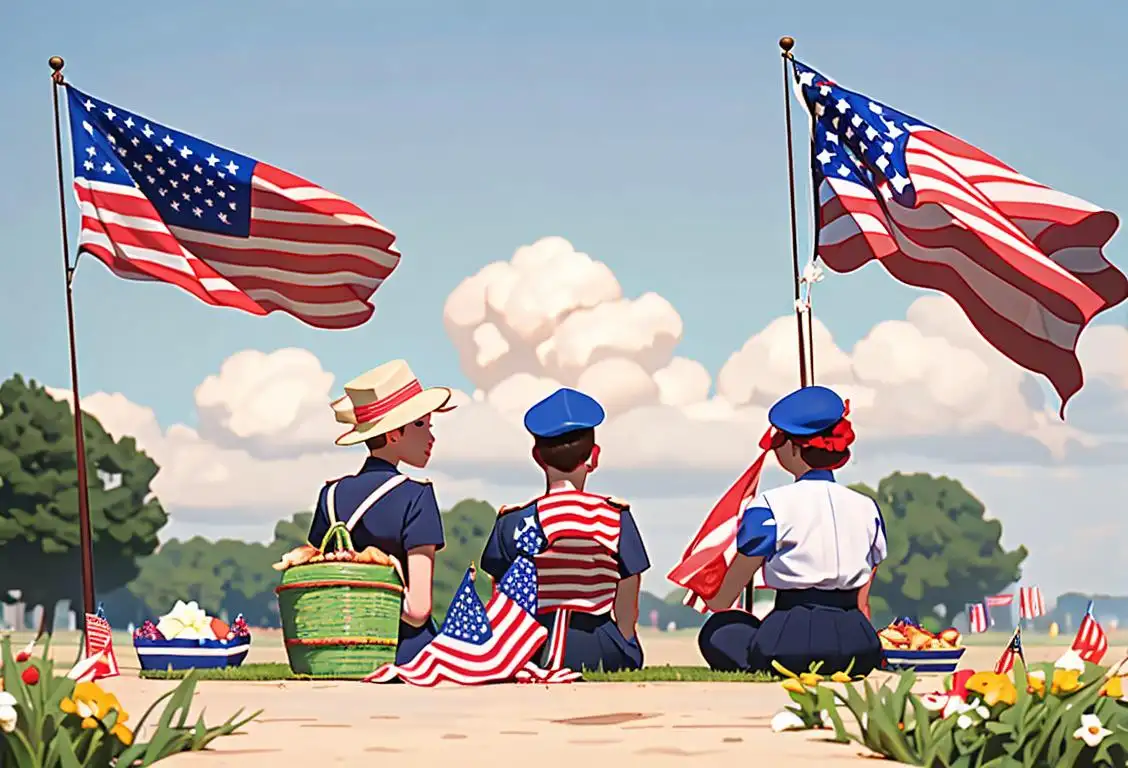 A group of diverse individuals wearing patriotic clothing, celebrating the 4th of July outdoors with flags and picnic baskets nearby..