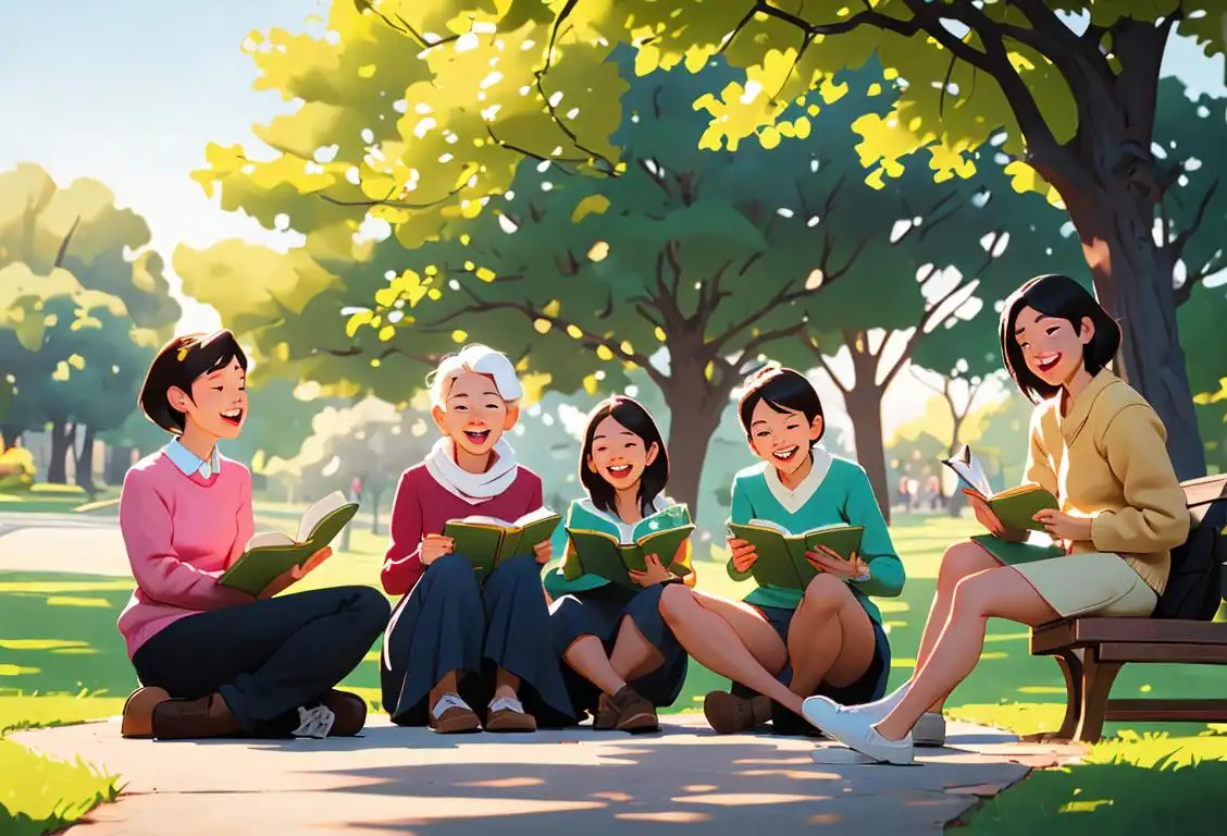 A diverse group of people sitting in a park, reading aloud from their favorite books, surrounded by nature and smiling faces..