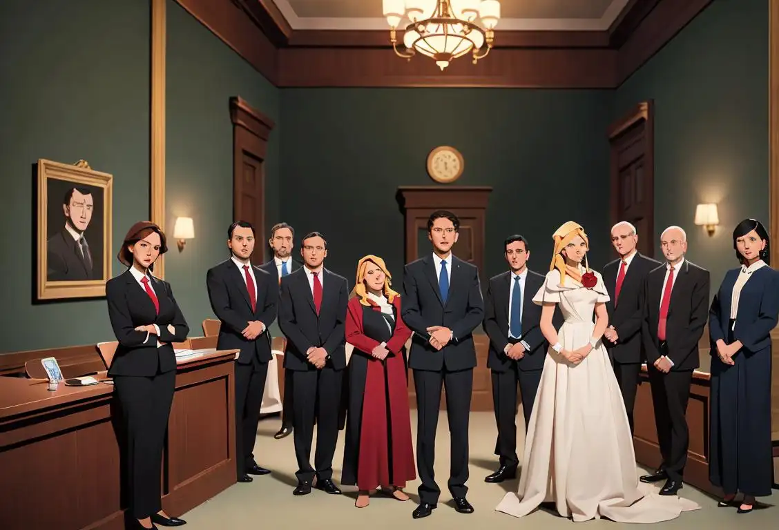 A group of diverse legal professionals wearing suits and holding gavels, with a backdrop of a courtroom scene..