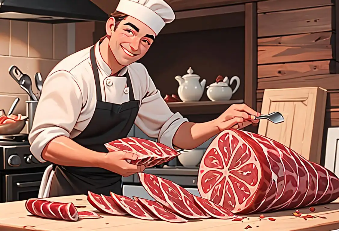 A person slicing salami with a smile, wearing a chef hat, surrounded by rustic kitchen decor..