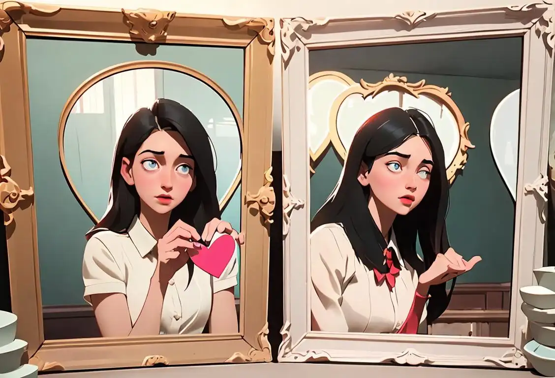 Young adult looking at old photos of exes, surrounded by heart-shaped frames, reflecting on the lessons learned and personal growth..