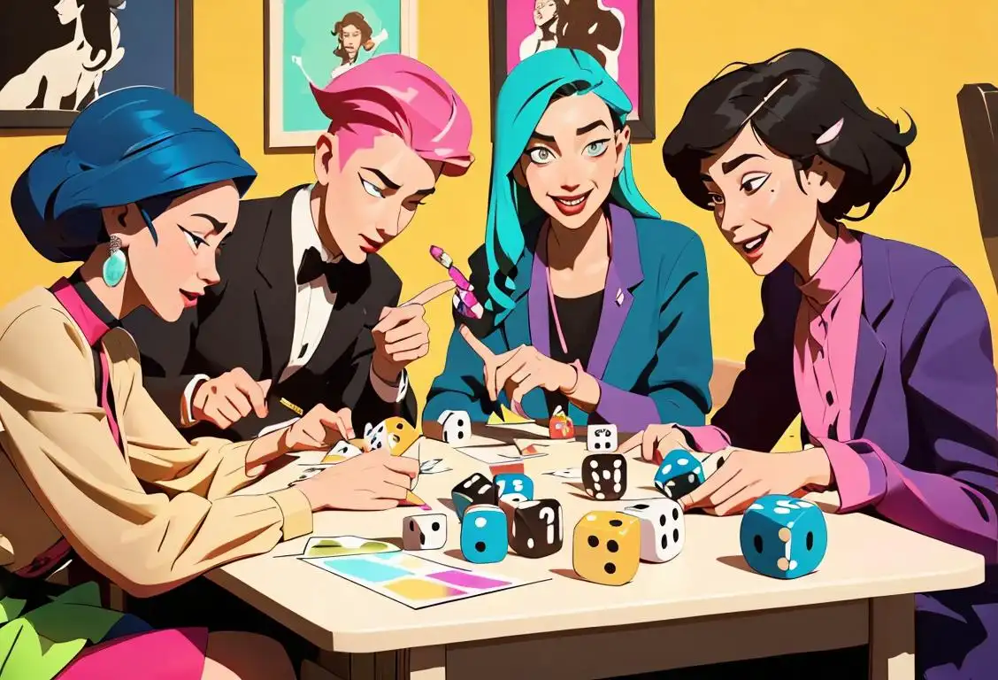 A group of diverse people gathered around a table, enthusiastically rolling colorful dice and wearing a variety of stylish outfits, creating a lively and nostalgic atmosphere..