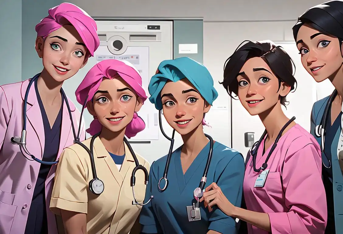 A group of healthcare professionals in colorful scrubs, wearing stethoscopes, surrounded by smiling patients in a modern hospital setting..