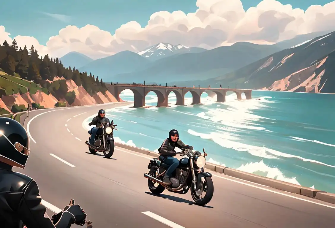 A group of motorcycle riders, clad in leather jackets and helmets, cruising on a scenic coastal road, with the sun shining and mountains in the background..