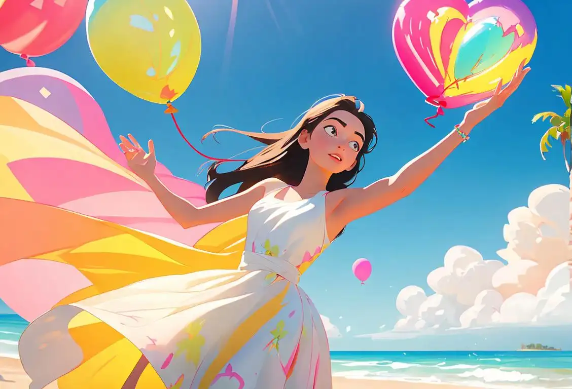 Young woman releasing colorful balloons into the sky, wearing a flowy summer dress, beach setting with palm trees..