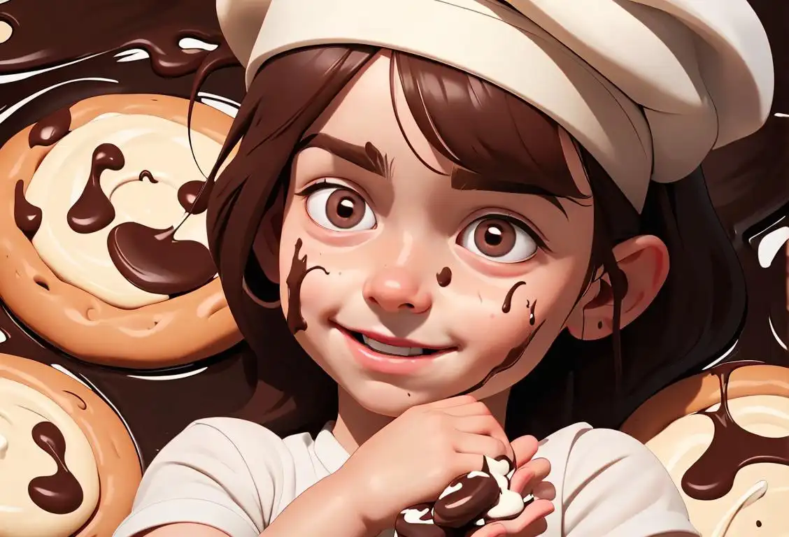 Happy looking child with chocolate smeared all over their face, wearing a chef's hat, surrounded by a kitchen filled with baking supplies..