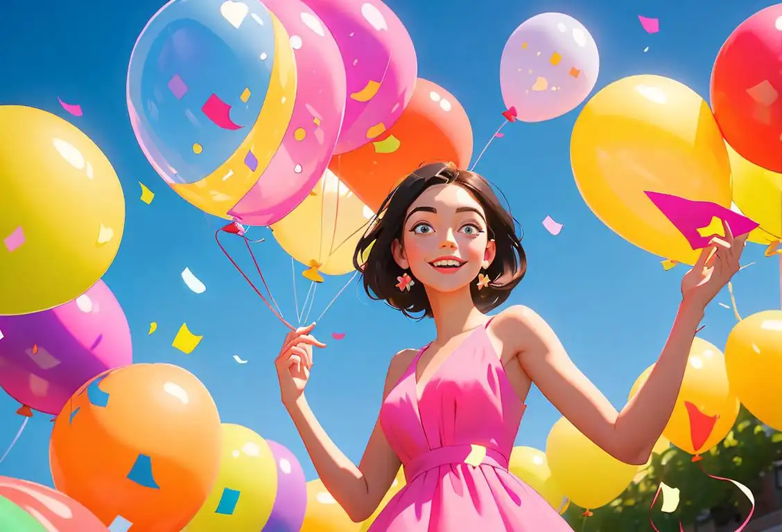 Young woman with a captivating smile, wearing a colorful summer dress, whimsical outdoor setting with balloons and confetti..