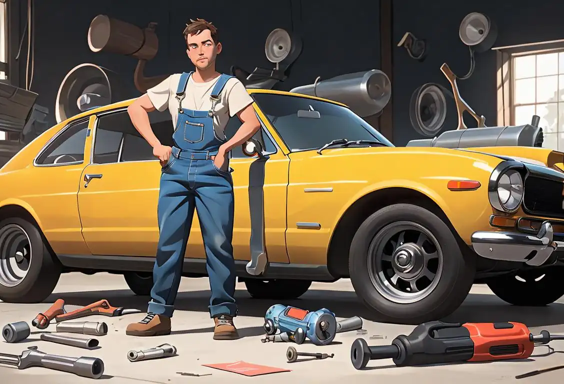 A person wearing mechanic overalls and holding a wrench, standing next to a shiny car with tools scattered around..