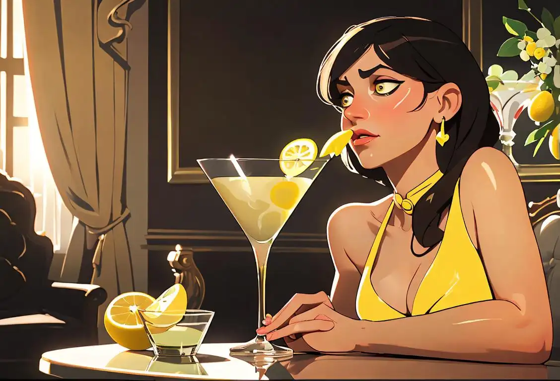 A classy hand holding a martini glass, with a lemon twist garnish, amidst an upscale lounge setting..