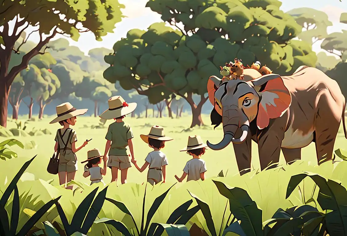 A group of diverse children wearing safari hats, holding binoculars, surrounded by lush greenery and various wildlife from different continents..